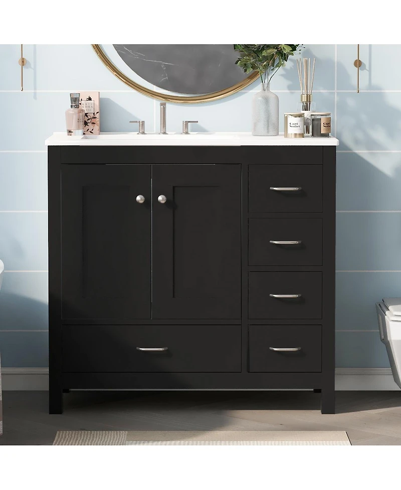 Sillysis 36" Bathroom Vanity with Sink, Solid Wood Cabinet & 5 Drawers Storage, Modern Freestanding Bath for Small Spaces