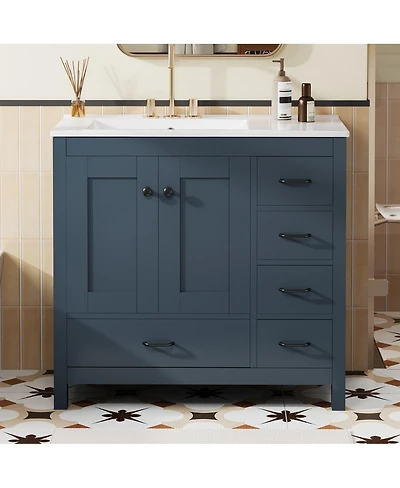 Sillysis 36" Bathroom Vanity with Sink, Solid Wood Cabinet & 5 Drawers Storage, Modern Freestanding Bath for Small Spaces