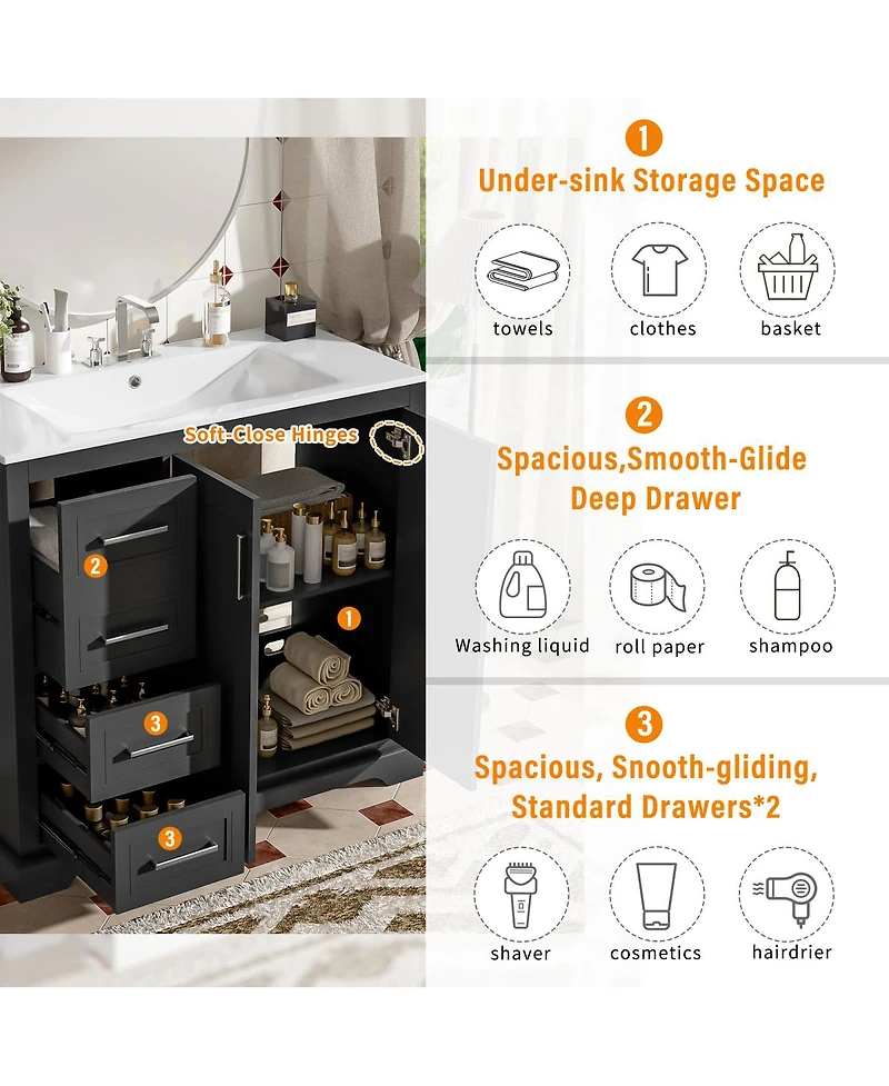 Sillysis 36" Modern Bathroom Vanity with Ceramic Sink, Solid Wood Frame & Soft Close Drawers for Small Spaces