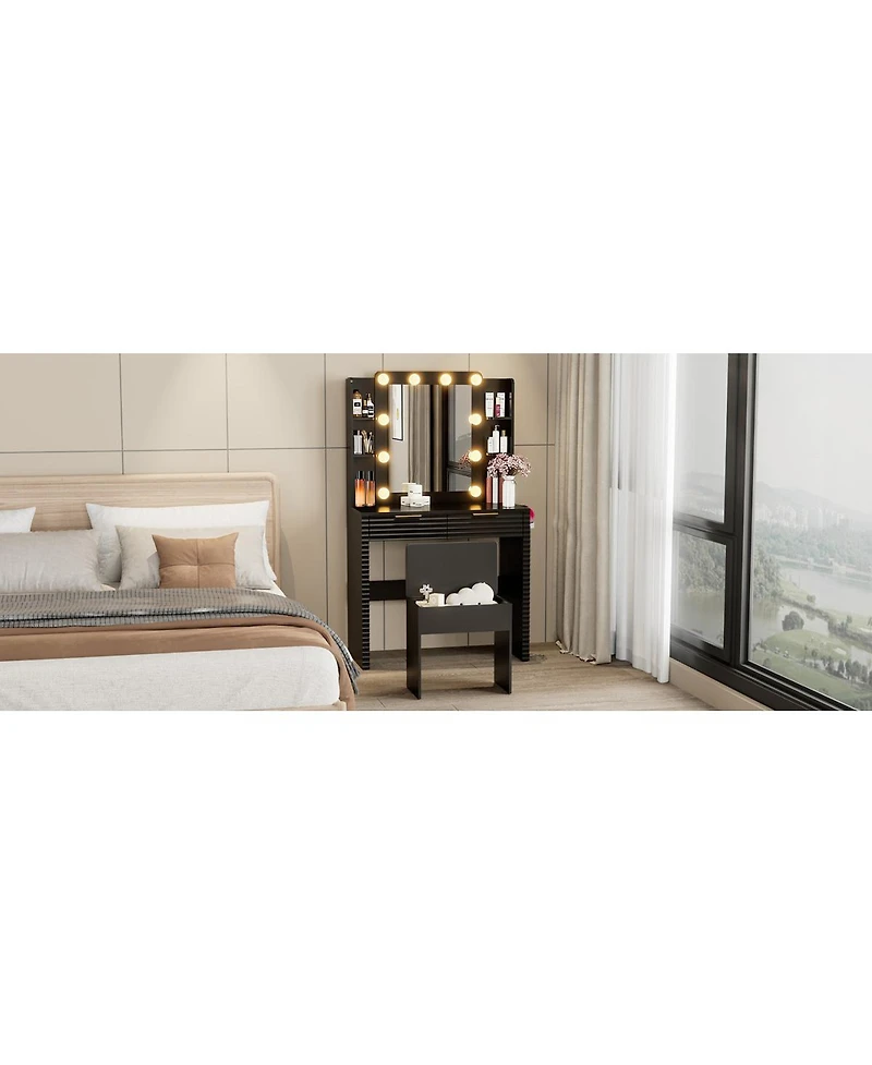 Streamdale Furniture Makeup Vanity Desk with Hollywood Bulbs, Charging Station & Stool