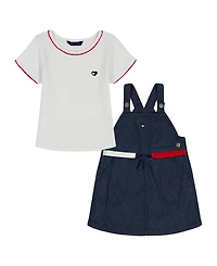Tommy Hilfiger Girls' 2T-6X Short-Sleeve Pointelle T-Shirt and Denim Skirtall, 2-Piece Set