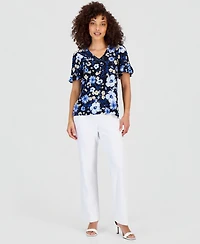 Anne Klein Essentials Petite Printed Ruffle-Sleeve Top