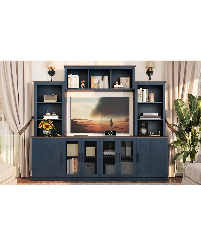 Streamdale Furniture Wall Unit Entertainment Center with Charging Station & Usb, Blue