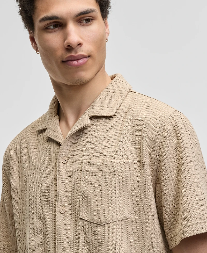 Sun + Stone Men's Textured Chevron Knit Short Sleeve Button-Front Camp Shirt, Created for Macy's