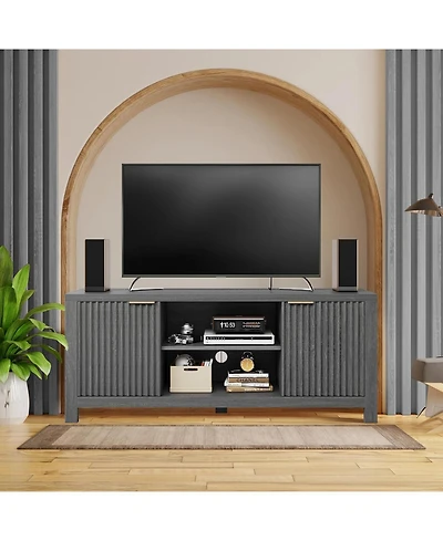 gaomon 65" Fluted Tv Stand - Modern Entertainment Center w/ 2 Storage Cabinets & Open Shelves, Heavy-Duty Console