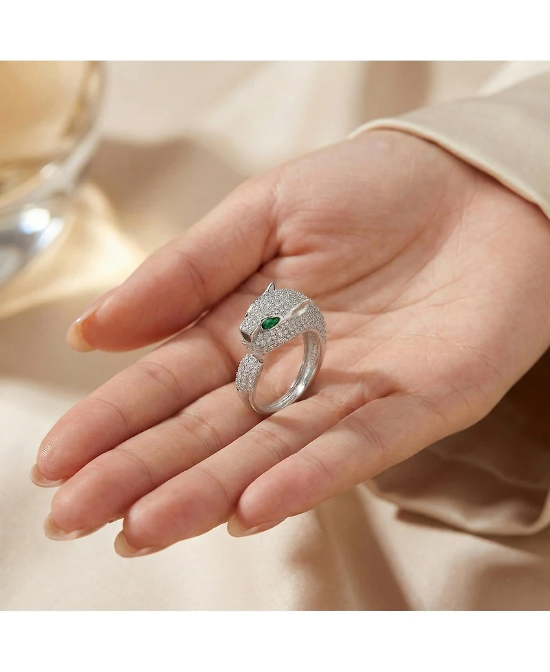 Rachel Glauber Panther Head with Green & Clear Cubic Zirconia Open Band Ring