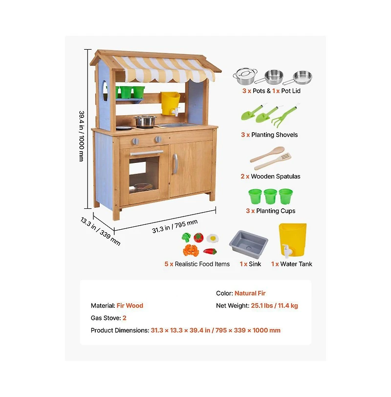 Slickblue Outdoor Wooden Mud Kitchen for Kids with Sink, Canopy & Tools