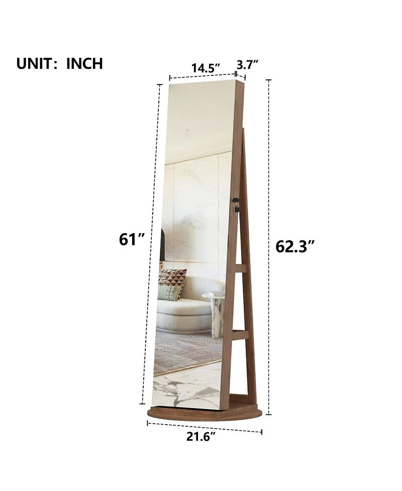 Rainsken 360°Swivel Jewelry Cabinet, Standing Jewelry Armoire Organizer, Lockable Storage Cabinet with Full Length Mirror, Display Shelves