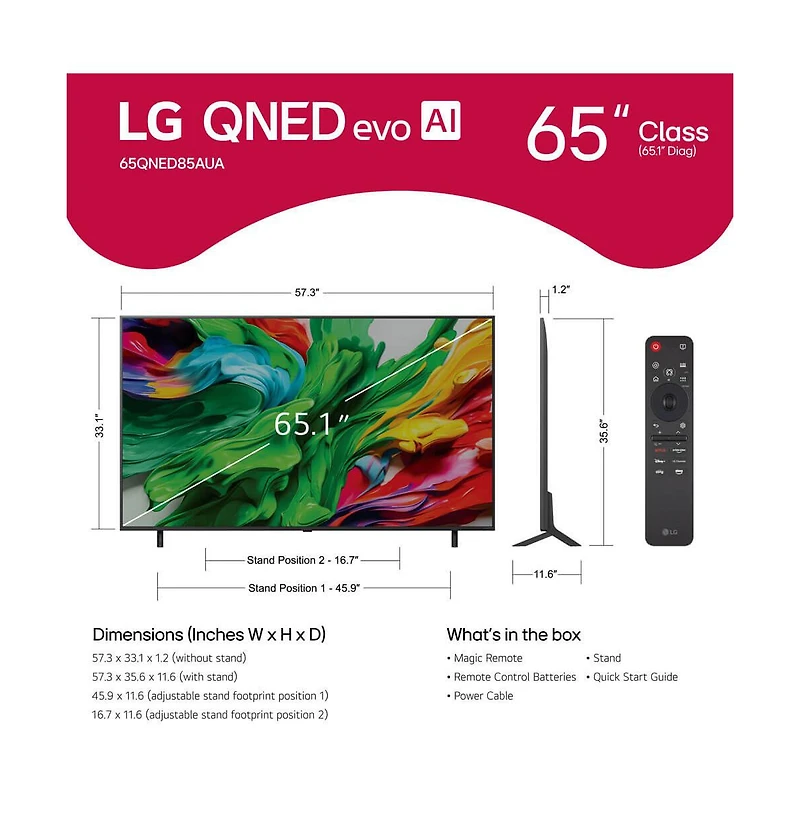 Lg 65" Class QNED85A Series 4K Uhd Smart Tv – MiniLED, Dolby Vision, Atmos, 120Hz - 65QNED85KIT2