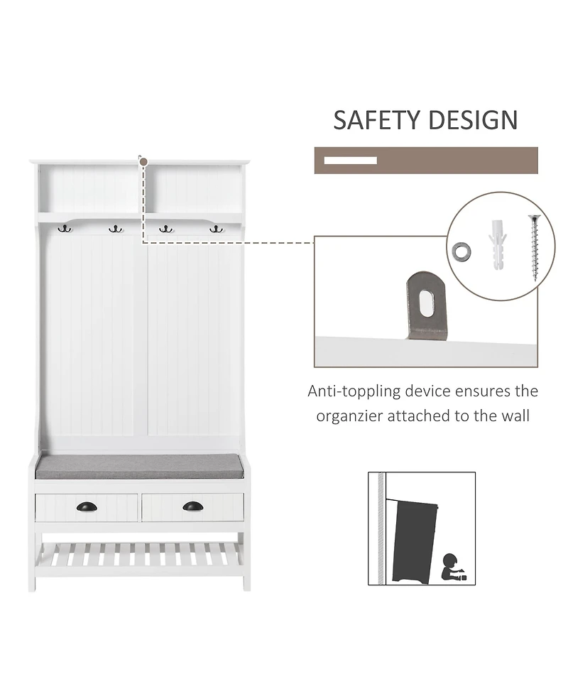 Homcom Coat Rack and Bench Hall Tree Organizer with 4 Hooks and 2 Drawer, White