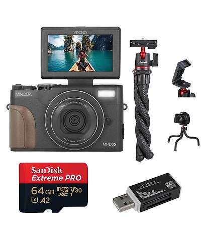 Minolta MND35 64MP 4K Ultra Hd Wi-Fi Digital Camera, Black, Bundle with 64GB Memory Card, Octopus Tripod, Usb 2.0 Card Reader