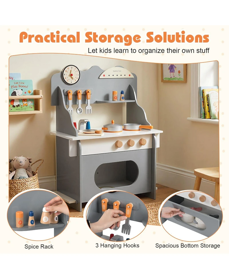 Slickblue Wooden Play Kitchen for Kids with Clock Pretend Set 3