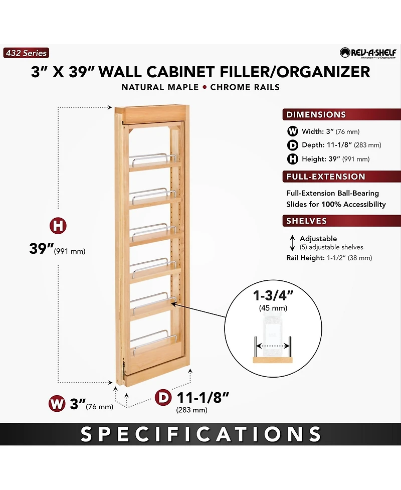 Rev-a-Shelf Pullout Wall Filler Cabinet Wooden Organizer, 39" Hgt, 432-WF39-3C