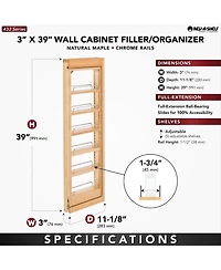 Rev-a-Shelf Pullout Wall Filler Cabinet Wooden Organizer, 39" Hgt, 432-WF39-3C