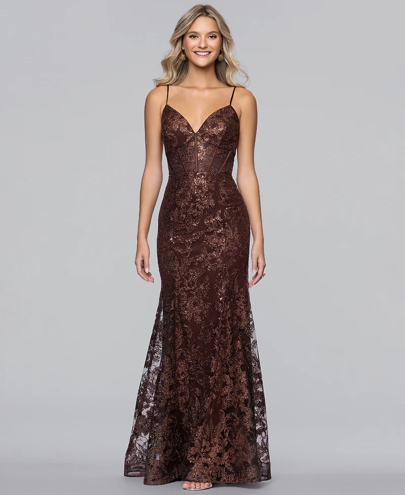Blondie Nites Juniors' V-Neck Glitter Lace-Up Gown