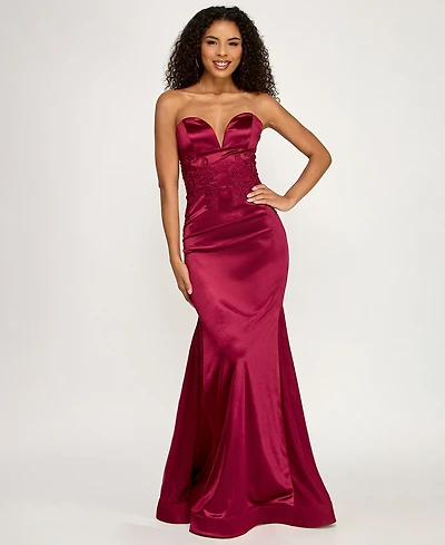 City Studios Junior's Strapless Sweetheart Satin Mermaid Gown