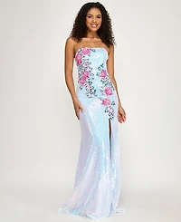 City Studios Women's Strapless Floral Applique Sequin Maxi Dress