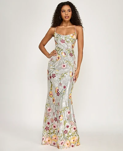 City Studios Women's V-Neck Floral Embroidered Sequin Maxi Dress
