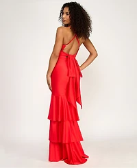 Katia Rae Juniors' V-Neck Ruffled Tie-Back Gown
