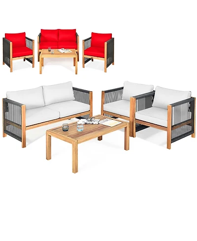 Gymax Set Of 4 Wood Outdoor Patio Furniture Set w/Cushions Cover Sets