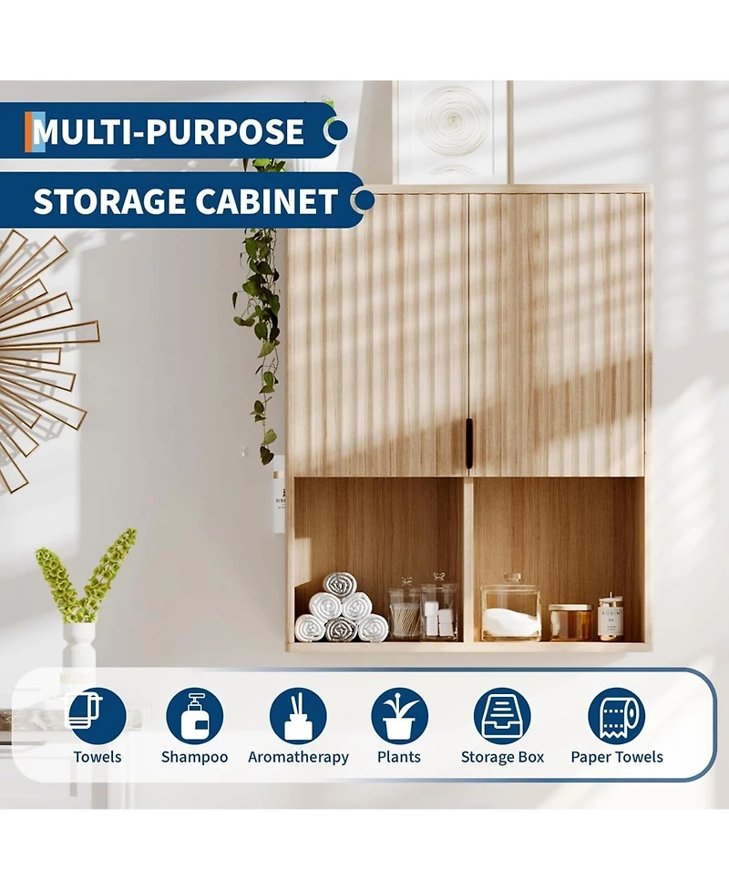 gaomon Fluted Wooden Bathroom Wall Cabinet, 23"x29", Over Toilet Storage, Adjustable Shelf, Soft-Close Hinges
