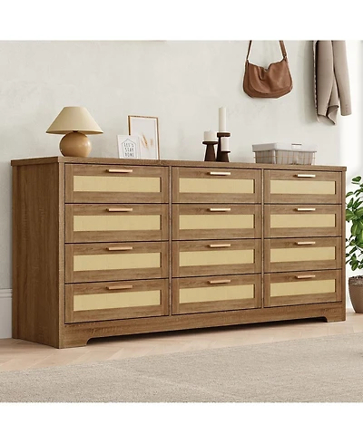 gaomon 12 Drawer Dresser for Bedroom, Modern Rattan Chest of Drawers, Wood Storage Organizer with Panel Drawers and Handles