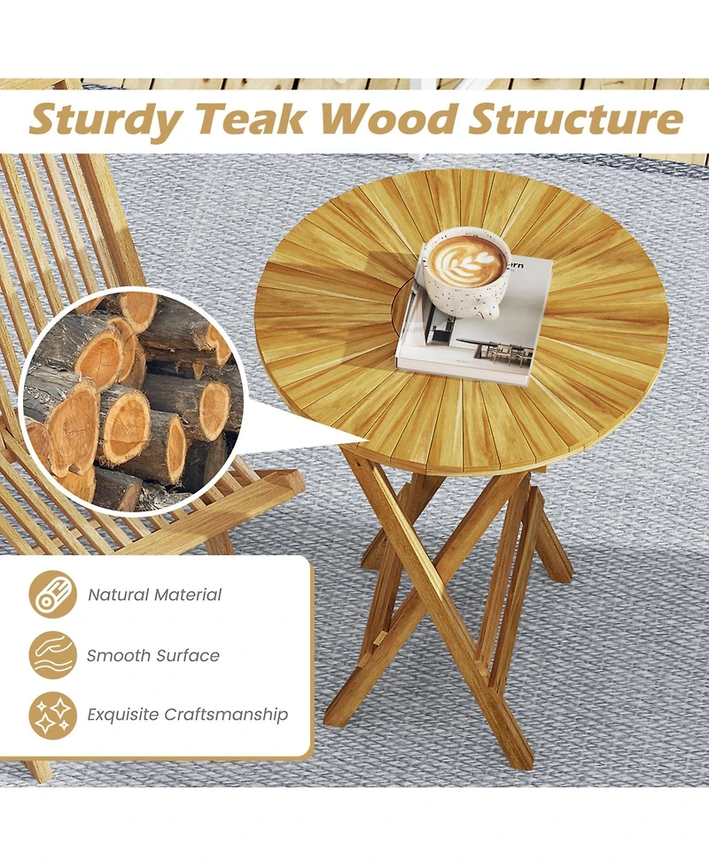 Gymax Patio Folding Side Table 23.5'' Teak Wood Round End Table Fully Assembled
