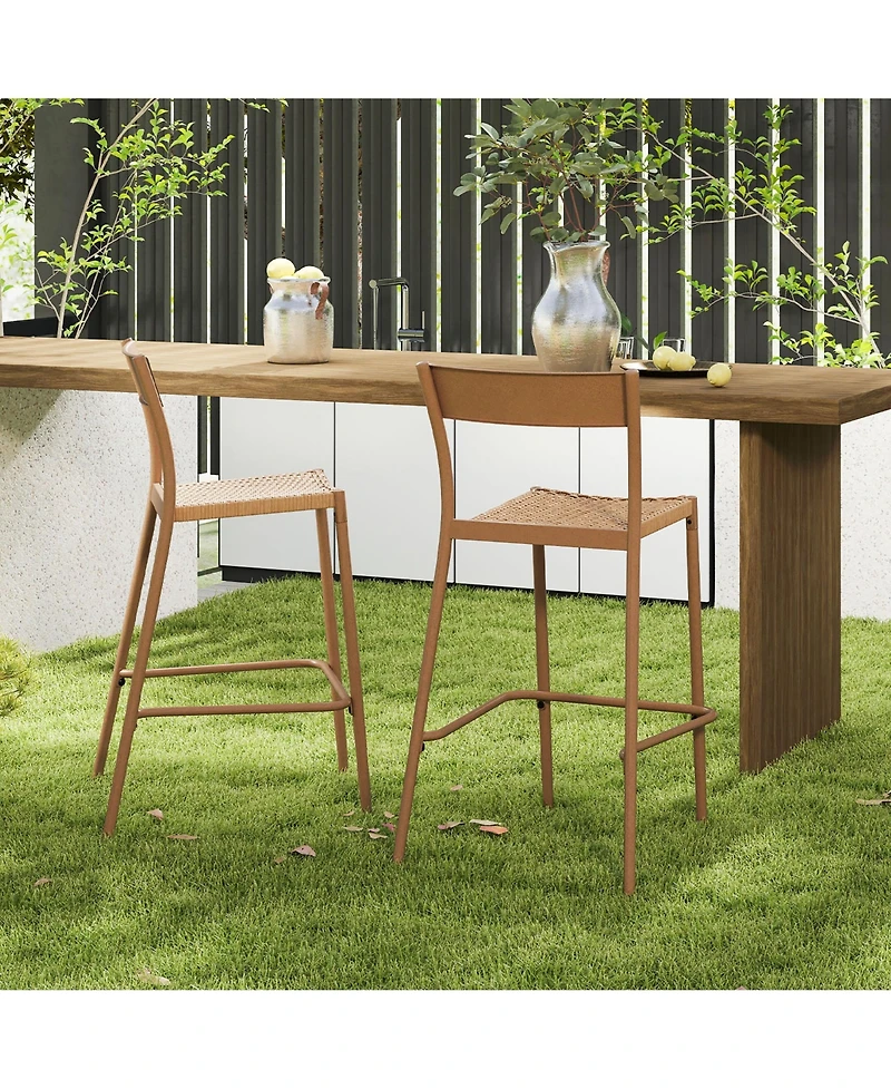 Gymax 4PCS Patio Barstools Outdoor Bar Height Chairs w/ Rattan Seat & Metal Backrest