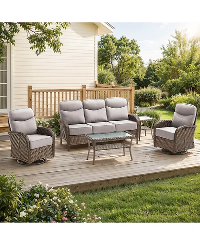 Gymojoy 5-Piece Brown Wicker Patio Conversation Set with 6 in. Olefin Cushions/Patio Swivel Chair Couch