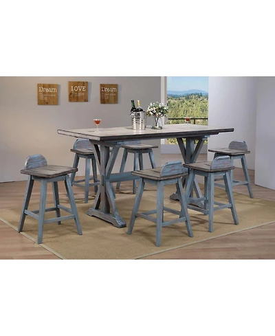 Kings Brand Furniture Set of 2 Swivel Counter Stools Distressed Gray & Blue Wash Solid Wood Seats