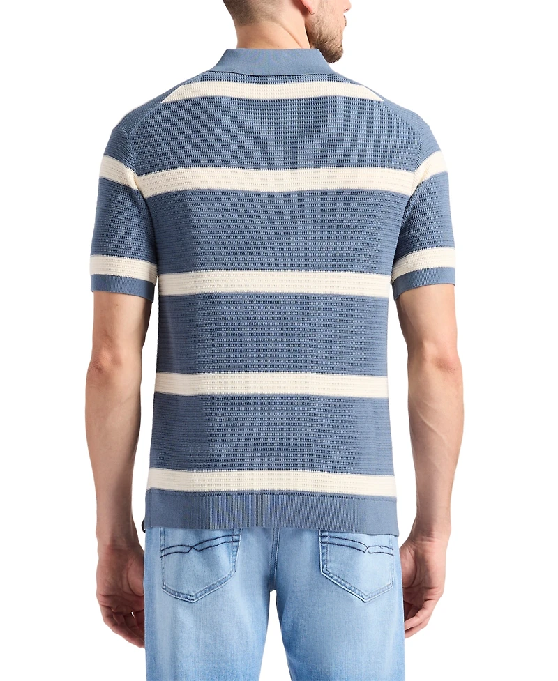 Men's Winder Short Sleeve Textured Striped Polo Sweater