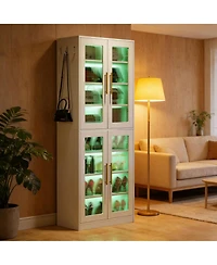 Rainsken Modern Shoe Cabinet for Entryway, 8-Tier Vertical Shoe Rack with Led Lighting, Doors for Dust Protection and Hooks for Entryway, Living Room