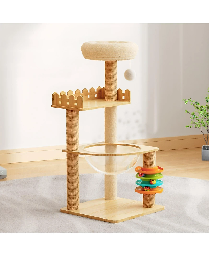 Aostirmotor 39.3" Modern Wood Cat Tree Tower with Scratching Posts, Perch, Hammock & Toys for All Cats