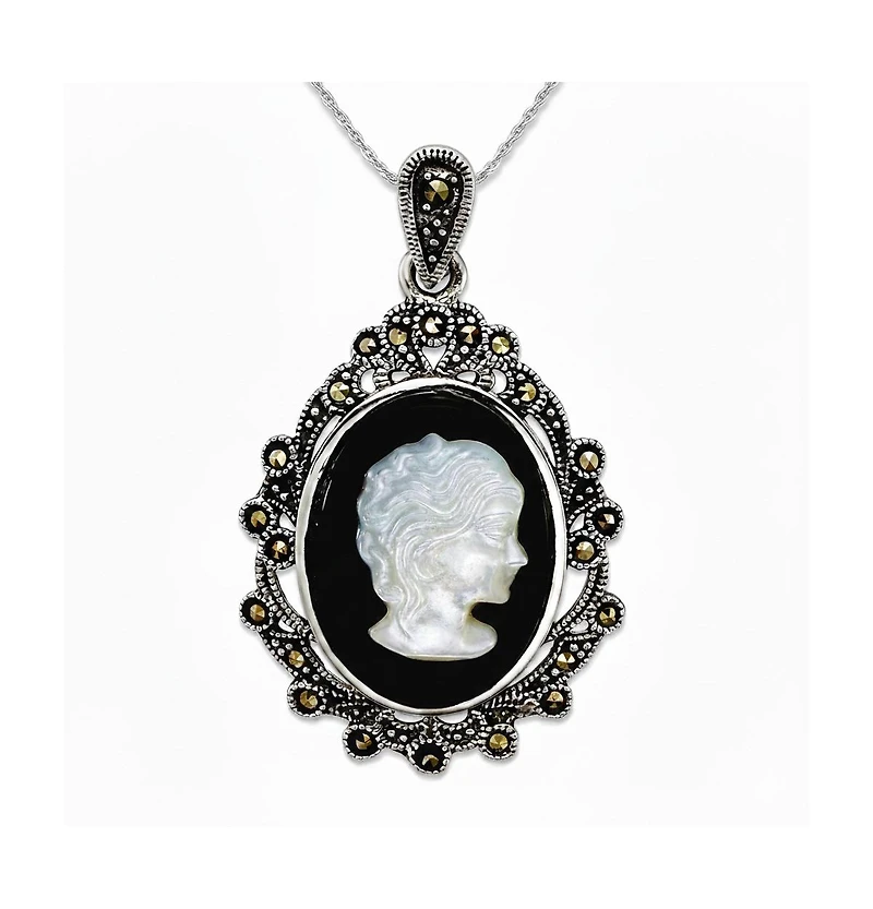 Curata Jewelry 925 Sterling Silver Marcasite, Agate and Simulated Mother of Pearl Cameo Pendant Necklace