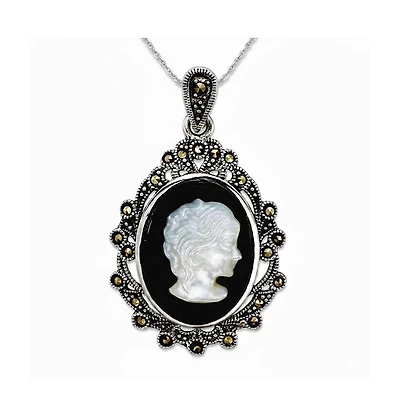 Curata Jewelry 925 Sterling Silver Marcasite, Agate and Simulated Mother of Pearl Cameo Pendant Necklace