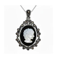 Curata Jewelry 925 Sterling Silver Marcasite, Agate and Simulated Mother of Pearl Cameo Pendant Necklace