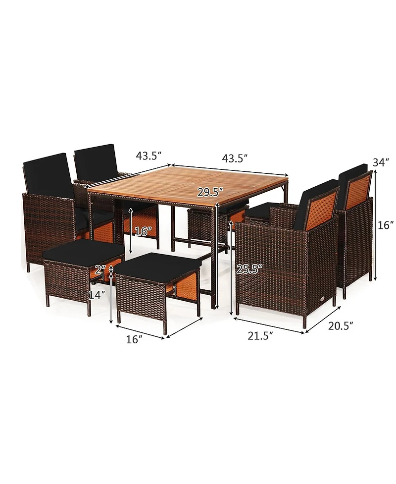 Gymax Set Of 9 Patio Rattan Dining Set Cushioned Chairs Ottoman Wood Table Top