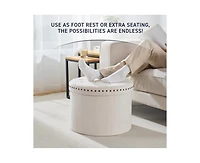 Ornavo Home Large 20" Round Collapsible Storage Ottoman with Nailhead Trim