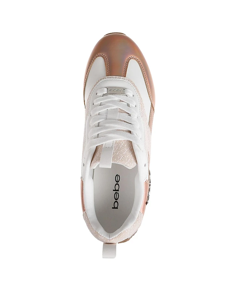 bebe Women's Sneaker with Lurex Upper and Rhinestone Hardware