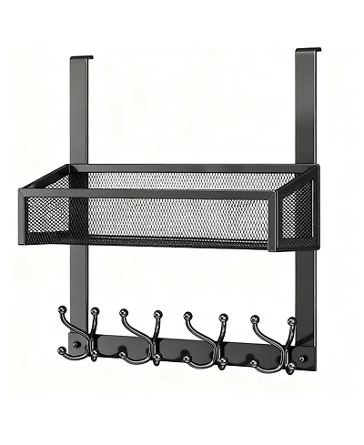 Yigii Stainless Steel Over Door Hook with Basket & 16 Hooks for Coats, Towels, Keys