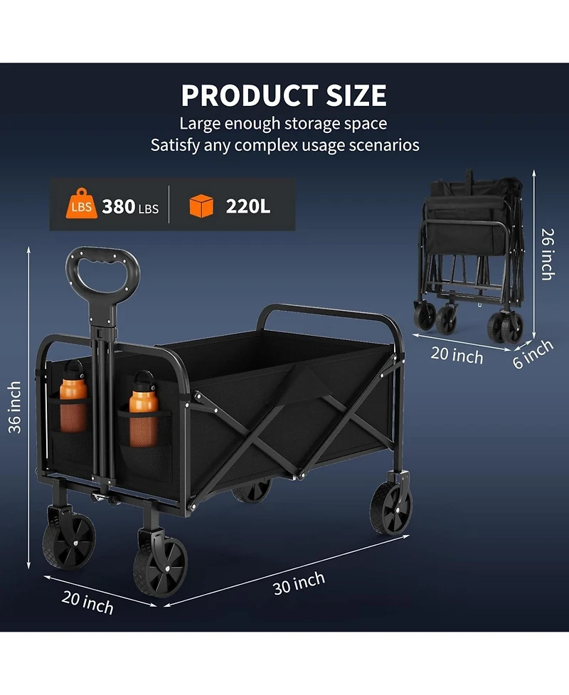 gaomon Collapsible Wagon with Wheels, Heavy-Duty 380 Lbs Foldable Utility Cart, 220L Capacity, Adjustable Handle for Grocery & Camping.