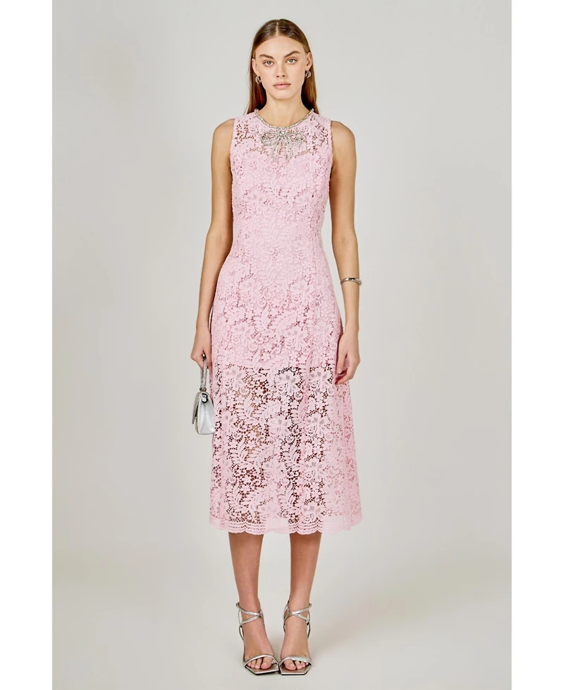 endless rose Women's Rhinestone Bow Detailed Lace Sleeveless Midi Dress