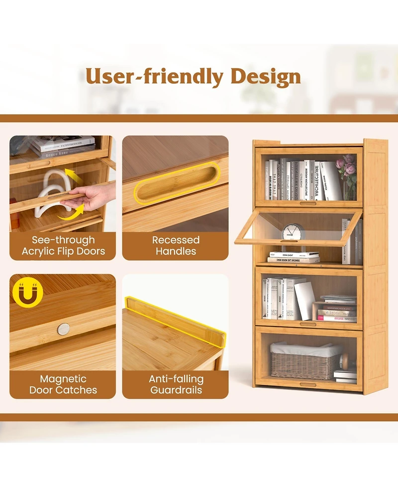 Sugift 4-Tier Bamboo Bookcase with Doors for Study Room Living Room