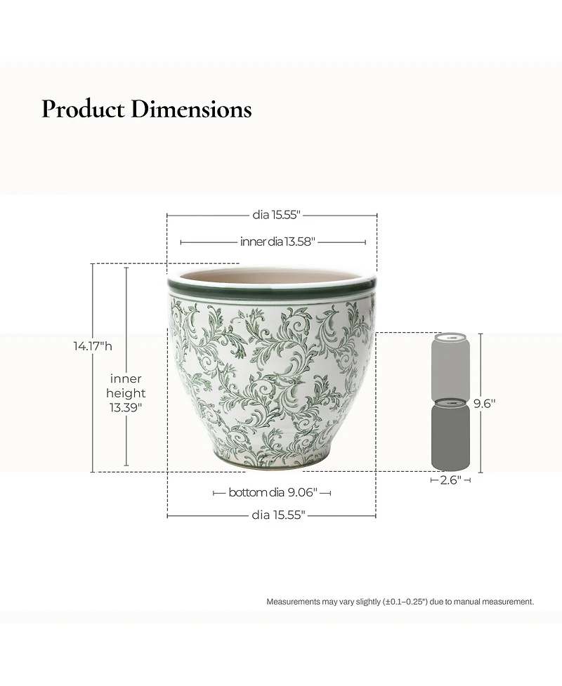 LuxenHome Green Paisley Ceramic Planter, 15.55" Round, Indoor & Outdoor Flower Pot
