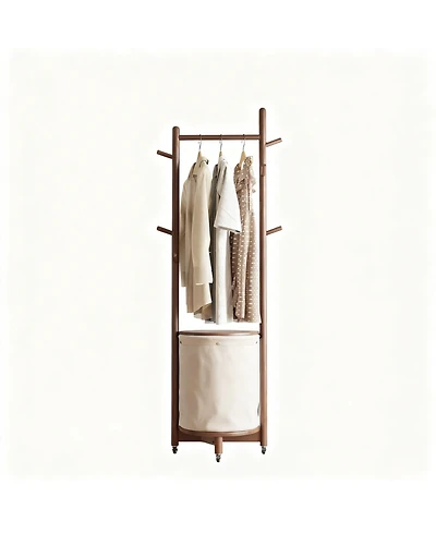 Yigii Solid Wood 9-Hook Coatrack with Wheels & Fabric Basket