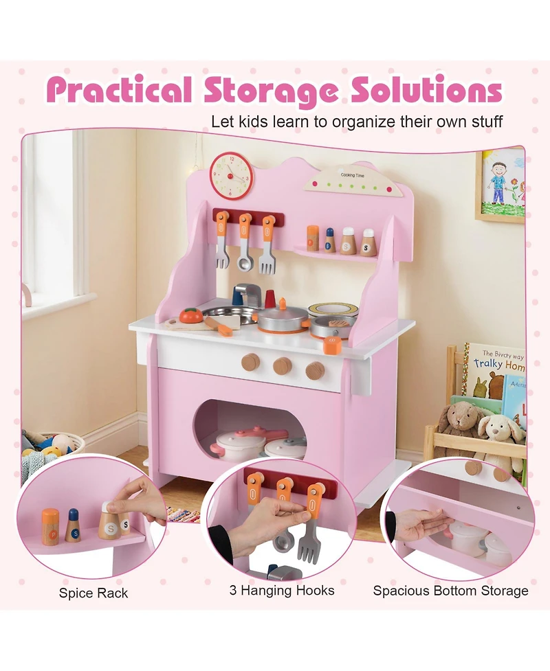 Mecale Wooden Play Kitchen Pretend Toy with Clock, Gift Set for Boys & Girls Ages 3