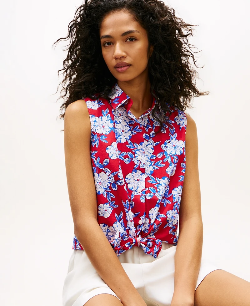 Tommy Hilfiger Women's Printed Poplin Knotted Collared Shirt