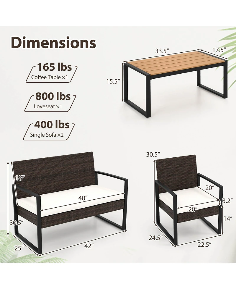 Gymax 4 Pieces Patio Furniture Set Pe Rattan Porch Chairs w/ Loveseat & Coffee Table