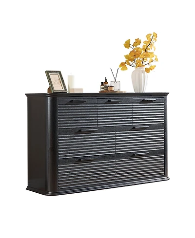 Rainsken Fluted 7 Drawer Dresser, Modern Wood Chest of Drawers with Curved Profile Design, Storage Organizer for Living Room and Bedroom