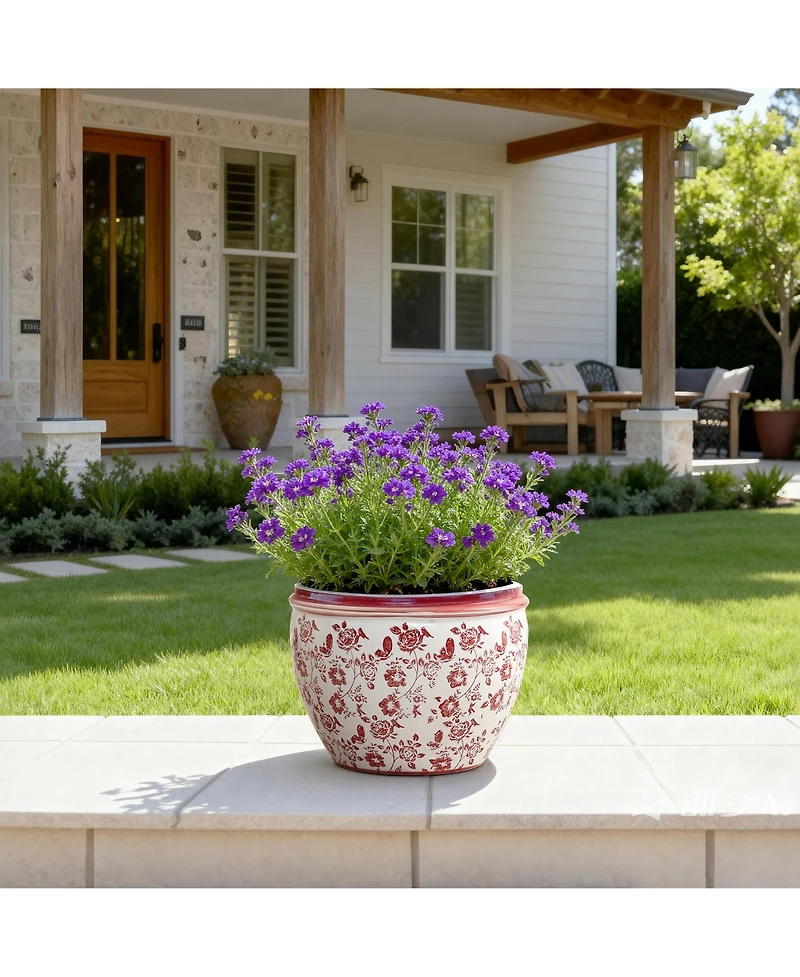 LuxenHome Red Floral Ceramic Planter, 12.2" Round, Indoor & Outdoor Garden Pot
